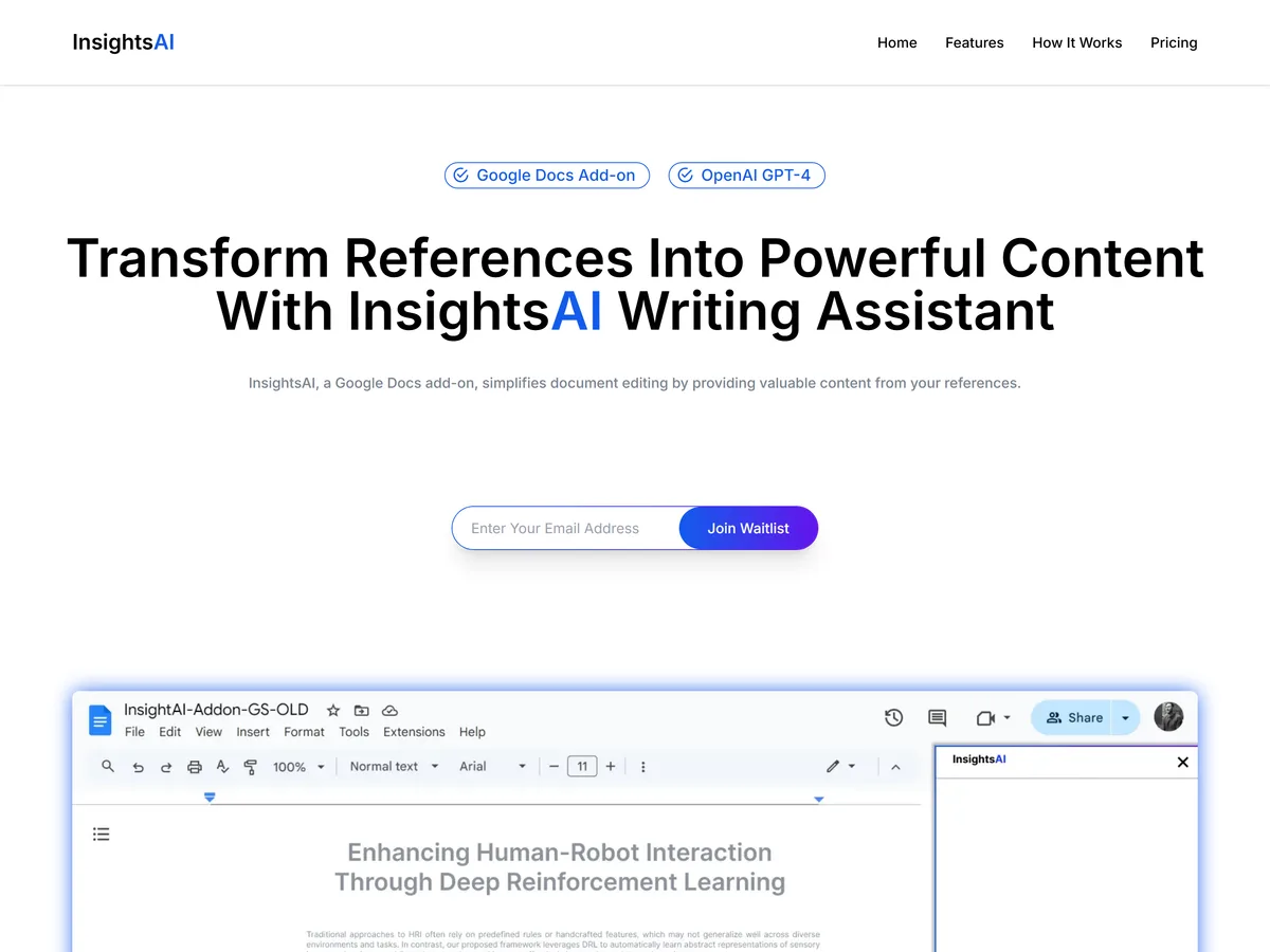 InsightsAI landing page, showing the headline and the add-on running inside Google Docs