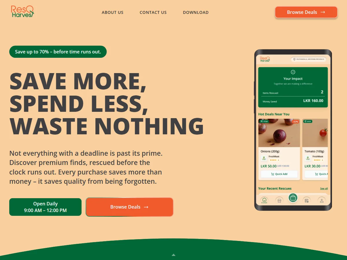 ResQ Harvest landing page, with the marketplace app shown on a phone