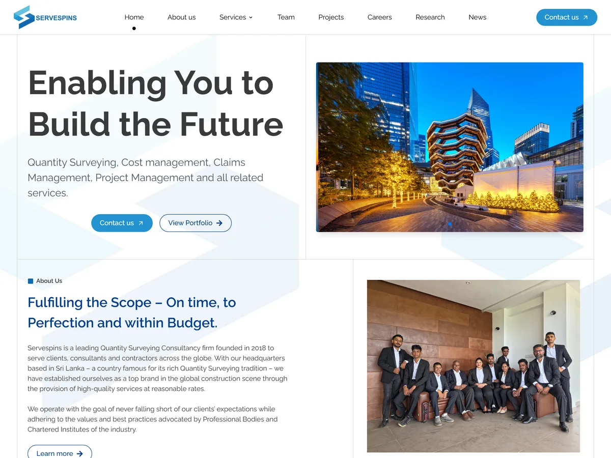 Servespins homepage, with the "Enabling You to Build the Future" hero and project carousel